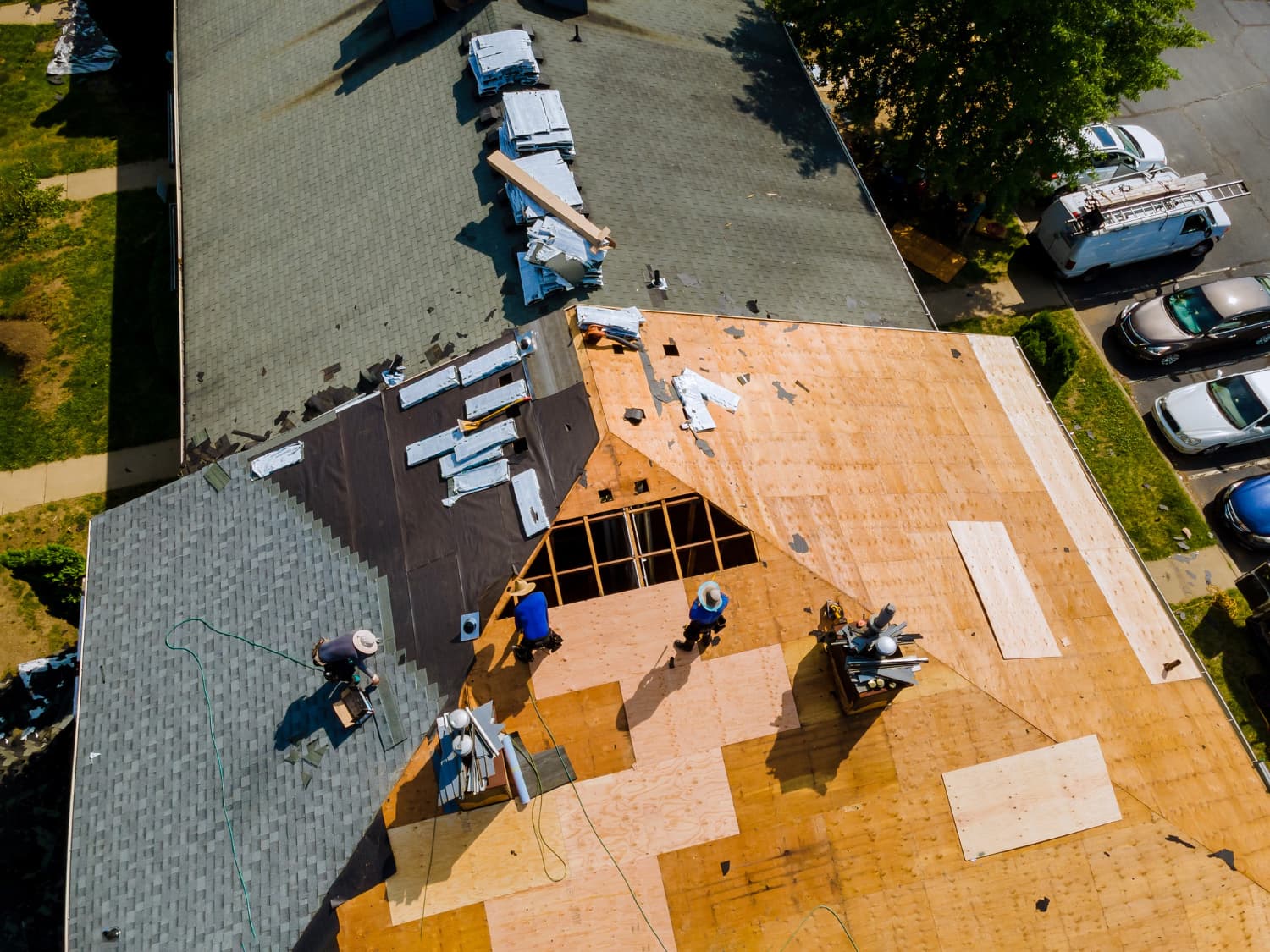 Aerial view of a Summit Shield roof replacement in progress